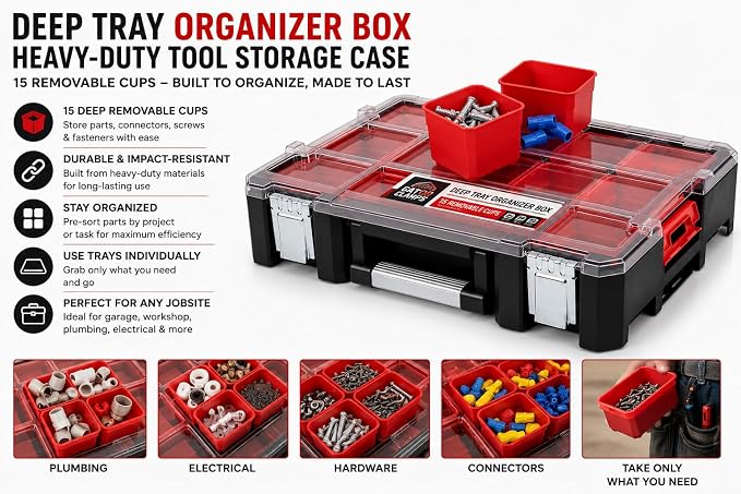 Deep Tray Organizer Box – Heavy-Duty Tool Storage Case with 15 Removable Cups – Hardware, Plumbing, Electrical Connector Container for Garage, Jobsite, or Workshop - Image 3