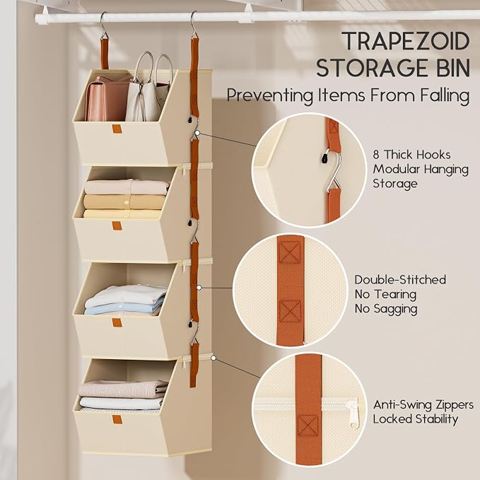 Hanging Closet Organizer 4 Tier - Clothes Hanging Shelves, Space-Saving Closet System, Fabric Storage Bins Bedroom Organization, Collapsible Baskets for Home, Dorm, Rv, Beige, 8 Pack - Image 2