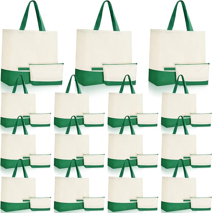 Sanwuta 30 Pcs Canvas Tote Bags Bulk with Zipper Cosmetic Pouch,Green | 18.5" Reusable Cotton Shopping Bag with Handle for DIY Craft by Sanwuta