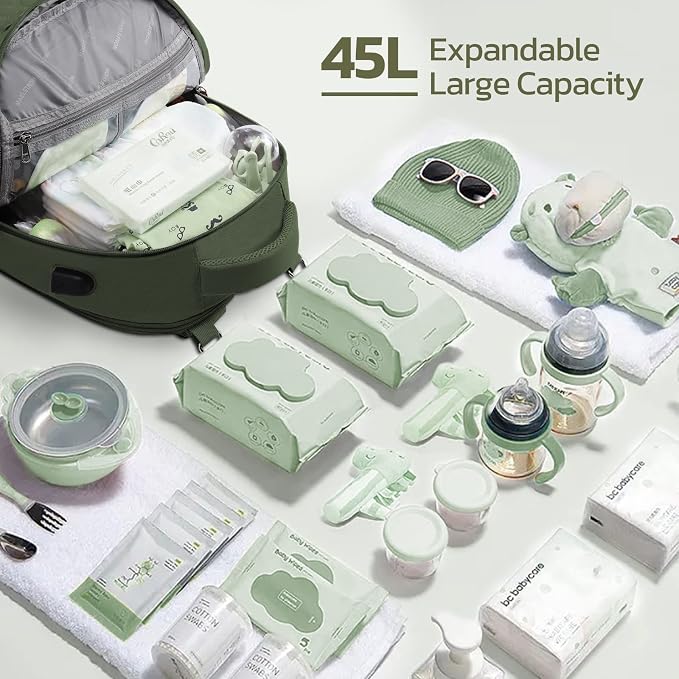 Large Diaper Bag,29L-45L Expandable Diaper Bag Backpack for 2 Kids/Twins Baby Stuff, with Removable Cross Body Bottle Bag for Mom/Dad,Stylish Baby Bag Gift for Boys/Girl-Army Green - Image 4
