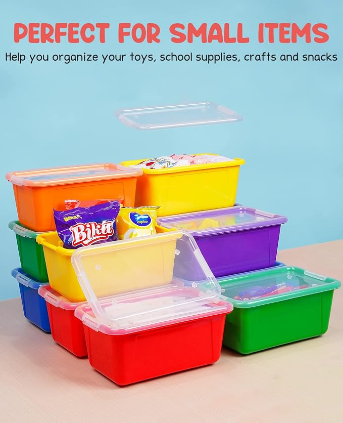 GAMENOTE 6 Quart Stackable Plastic Storage Bins with Lids,12 Pack, Colorful | Stackable 6-quart bins with lids organize classroom supplies, crafts, toys and building blocks for Classroom & Kids Toy - Image 6