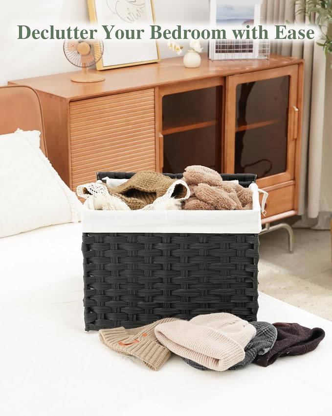 SETVSON Storage Basket with Lid, 2-Lid PE Rattan Storage Bin, Black | 9.2 Gal Decorative PE Rattan Furniture Look for Bedroom, 2 Separate Lids, 2 Liners with Divider for Apparel & Essentials - Image 5