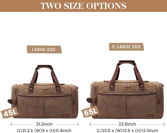 S-ZONE Canvas Travel Duffel Bag Weekend Overnight Bag for Men and Women | Water-resistant, X-Large Size, Multi-Pockets, Removable Shoulder Strap, for Gym or Travel, Coffee - Image 4