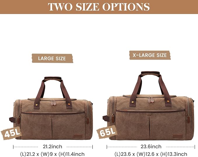 S-ZONE Canvas Duffel Bag for Travel Weekender Overnight Travel Bags for Men | Cotton Canvas, 45L Large Size, Shoes Compartment,Multi-Pocket, Removable Shoulder strap for Gym or Business, Coffee - Image 4