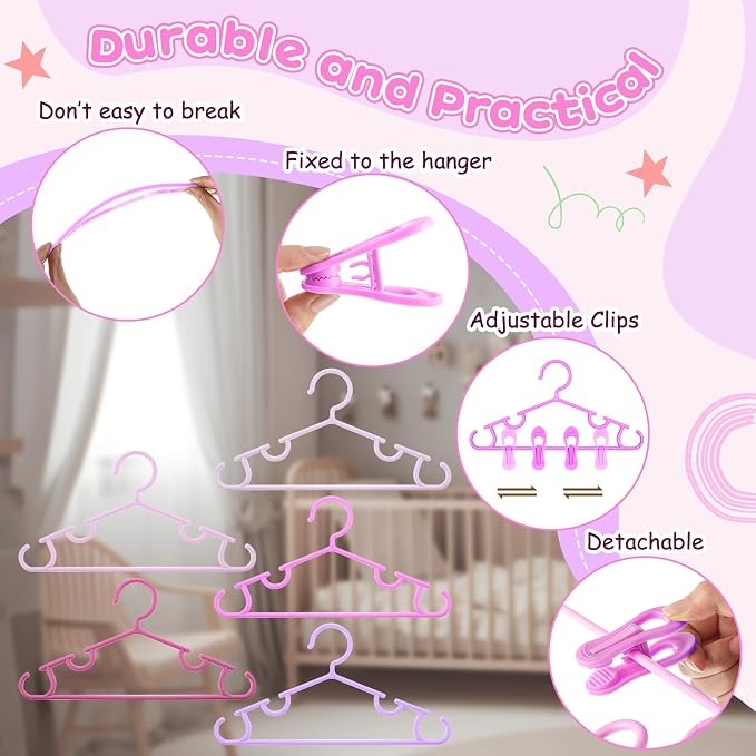 Hsei Baby Hanger with Clip for Pant,30 Packs Total,Pink Series,10.6 Inch | 10 Kids Plastic Hanger with 20 Clips for Newborn, Nursery, Daycare, Preschool, Closet, Wardrobe Organizer for Baby Shower - Image 3