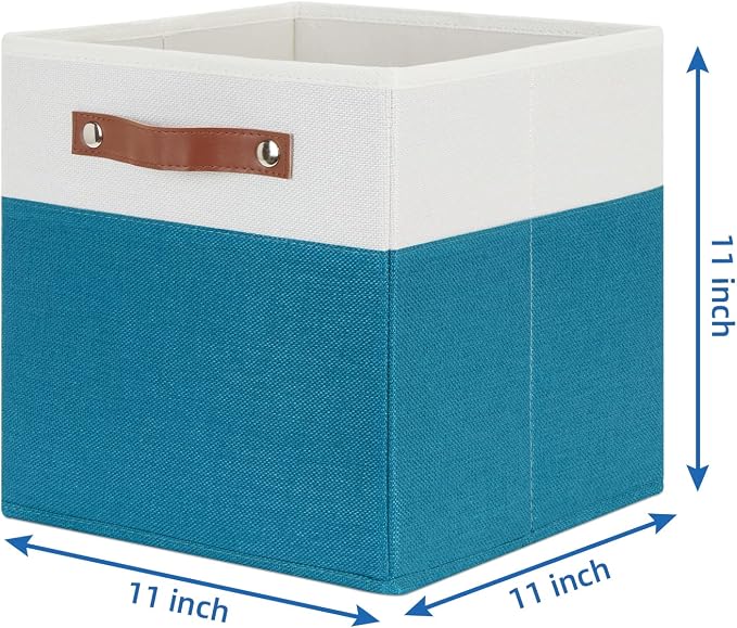 Temary Storage Cube Bins 11 Cube Storage Bins Storage Baskets for Closet, Shelves 4 Pack Fabric Organizer Bins with Leather Handles(White&Teal) - Image 2