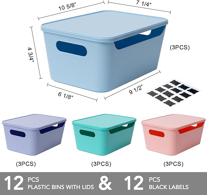 Tiawudi 12 Pack 4.5L Storage Bins with Lids, Plastic Storage Baskets for Home Classroom Organization, Multi-Use Organizer Bins for Cabinet, Pantry, Drawer, Countertop or Shelves, Colorful Containers - Image 2