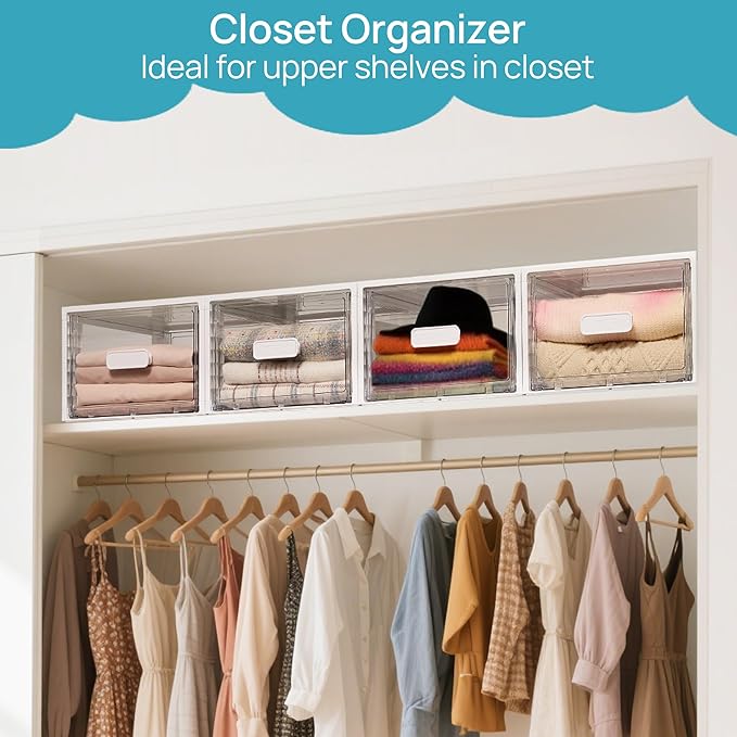 Vtopmart 4 Pack White Stackable Storage Drawers 15QT | Easily Assemble Closet Organizers,Plastic Storage Bins for Bathroom,Cabinet,Kitchen Pantry,Under Sink Organization(Medium) - Image 3