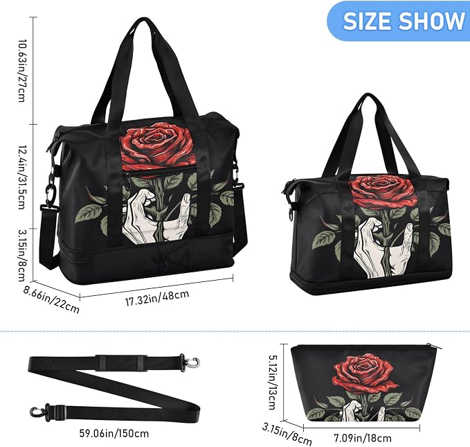 MNSRUU Unisex-Adults Travel Duffel Tote Bag Gothic Skull Rose Sports Gym Weekender Overnight Carry On Hospital Bag, 17.32 x 8.66 x 15.55 inches (expanded), Skull I 4148 - Image 6