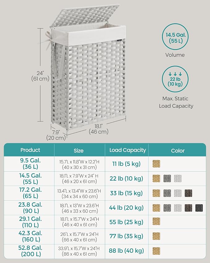 SONGMICS Slim Laundry Hamper with Lid, 14.5 Gallon (55L) Rattan Clothes Laundry Basket with Lid and Handles, Foldable, Removable Liner, Cloud White ULCB164W01 - Image 5