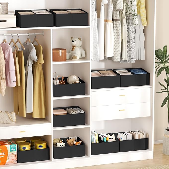 DIMJ Large Closet Shelf Organizer Bins 8 Packs with Handles and Divider, Fabric Trapezoid Storage Baskets, Foldable Clothes Containers Box for Shelf, Towel, Book, Toy, Purse, Hats, Black - Image 4