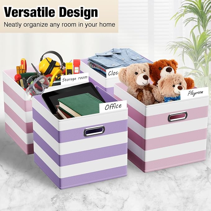 CroBlissful 11 Inch 6 Pack Fabric Storage Cubes with Metal Handles, Back to School Collapsible Organizer Bins for Classroom, Closet, Student Room, Toys and School Supplies (Purple and Pink) - Image 4