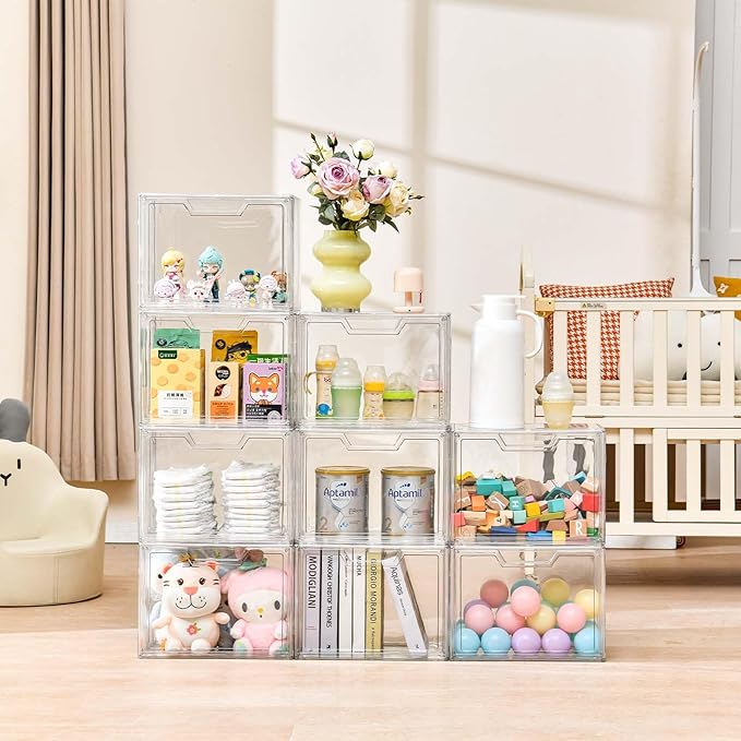Freebat Stackable Storage Organizers, Clear Acrylic Display Case, 9-Pack Acrylic Boxes with Lids, Clear Storage Containers Storage for Handbags, Collectibles & Figures - Image 3