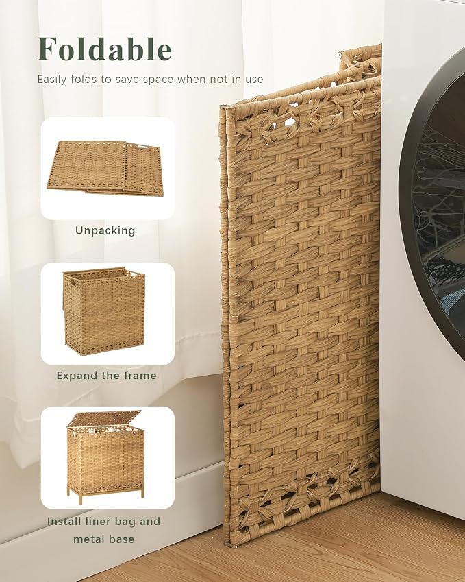 SETVSON Laundry Hamper with Lid, 35 Gal 3-Bag Clothes Sorter, Natural | Large Family Laundry Trunk with Lid, 3 Compartment Sorting Liner, 6 Wash Bags, Elevated PE Rattan Bin with Handles - Image 7