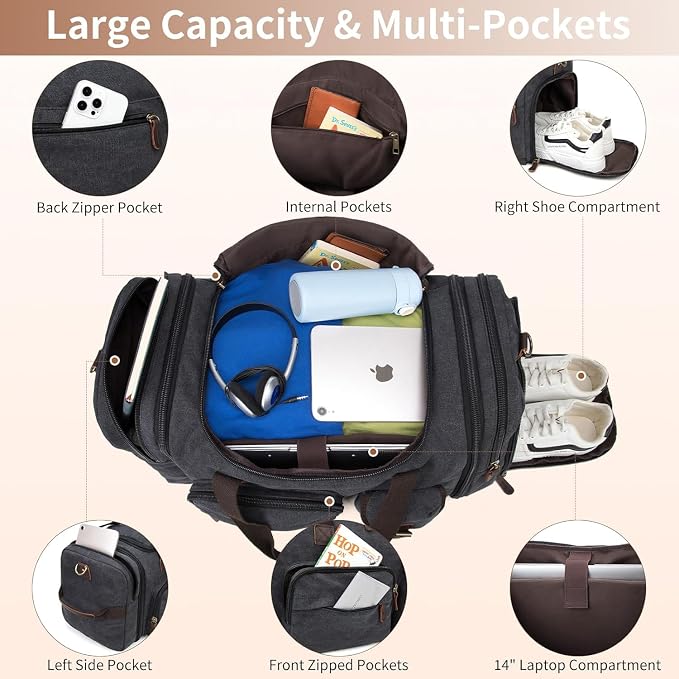 Mens Duffle Bag for Travel, 60L Canvas Expandable Overnight Weekender Bag | Shoe Compartment, Carry-On Size, Multiple Pockets, Detachable Strap, Toiletry Bag & Packing Cube Include, Dark Gray - Image 3