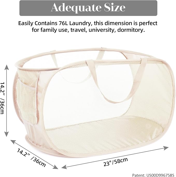 Durable Collapsible Laundry Baskets, Mesh Pop Up Laundry Hamper with Side Pocket, Foldable Clothes Storage Hamper with Reinforced Carry Handles for Laundry, Bathroom, Kids Room, Dorm or Travel Beige - Image 3
