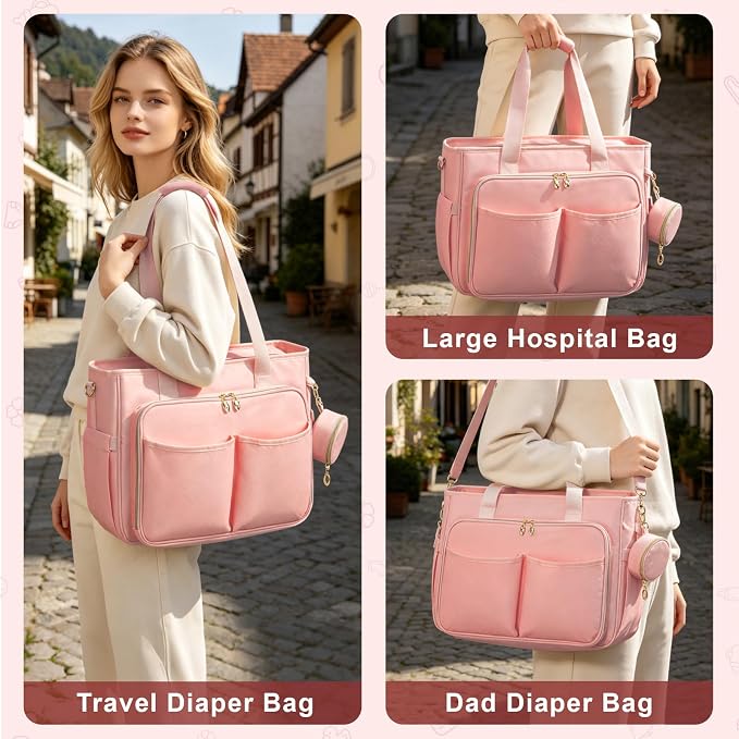 GDNasist Diaper Bag Tote, Large Travel Hospital Bag for Labor Delivery | Baby Bag with Pacifier Case, Large Capacity Travel Diaper Case with Changing Pad & Stroller Clips - Image 6