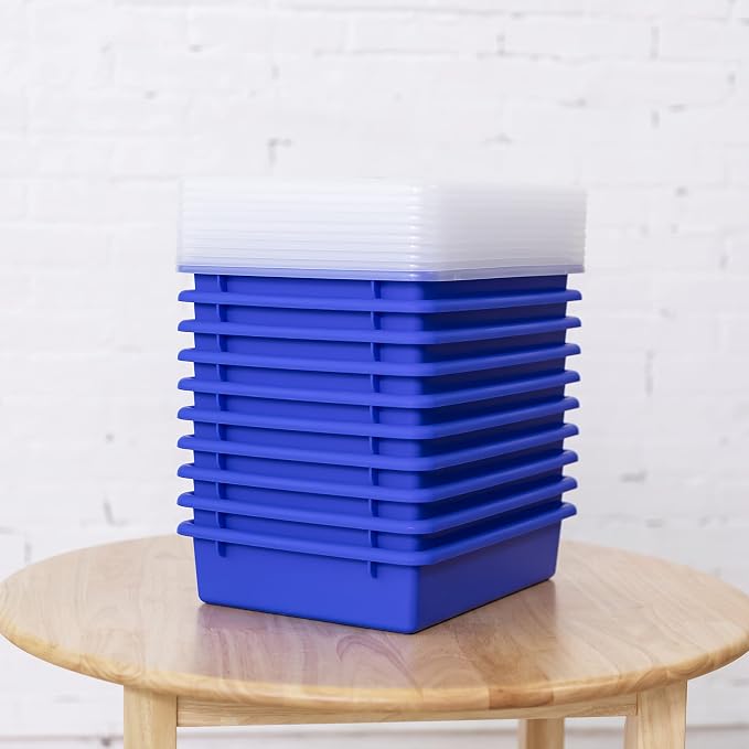 ECR4Kids Letter Size Plastic Tray Organizer with Lids, Small, Storage Bins, Blue, 10-Piece | Durable plastic, GREENGUARD Gold Certified, 2 gallon capacity, stackable/nestable, easy-lift lids, classroom & home use - Image 8