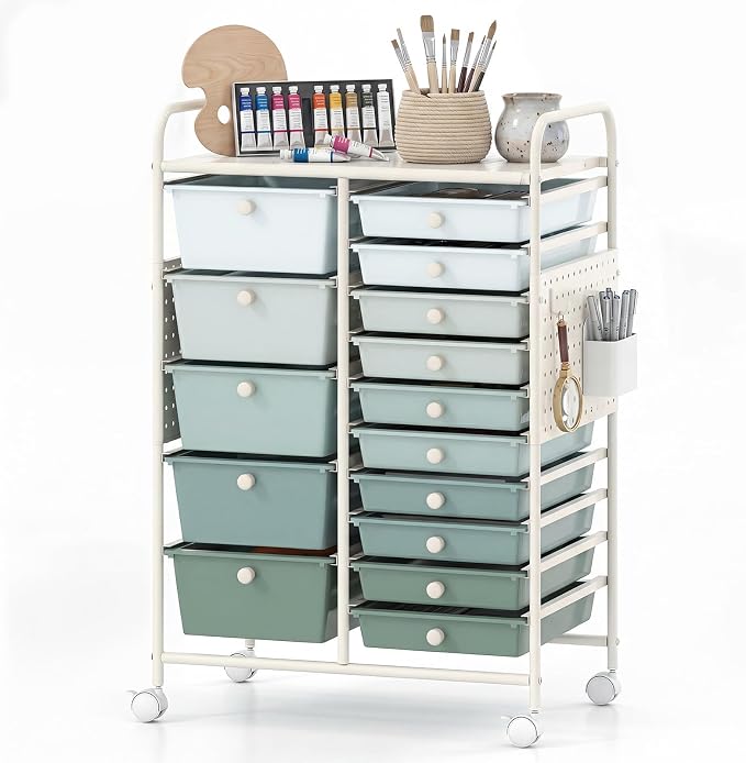 DREAMADE 15-Drawer Rolling Storage Cart, Craft Cart, Gradient Green | Mobile Utility Cart with Metal Pegboard Panels, Tabletop and Lockable Wheels for Classroom, Office, Studio and Playroom by DREAMADE