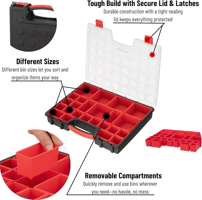 INTERTOOL Hardware Organizer with 24 Removable Bins - Small Parts Storage Tool Box for Nuts, Bolts, Screws, Nails - Portable Handle Transparent Lid with Locks BX08-4033 - Image 2