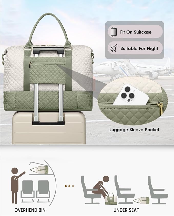 Weekender Bags for Women Duffle Bag - Travel Duffel Bag with Shoe Compartmen Carry on Overnight Bag with Toiletry Bag Gym Tote Bag with Wet Pocket Hospital Bags for Labor and Delivery Beige Green - Image 6