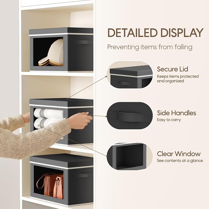 Storage Bins with Lids - Small Fabric Organizers with Window, Collapsible Storage Bins for Clothes, Decorative Closet Organizers for Towels, Tshirt, 4 Pack, Dark Grey - Image 6
