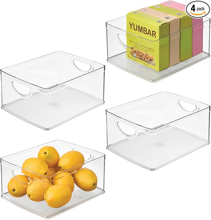 iDesign Plastic Stackable Kitchen Cabinet Storage Bin, Clear, 4-Pack | With Handles, Pantry Organizer by iDesign