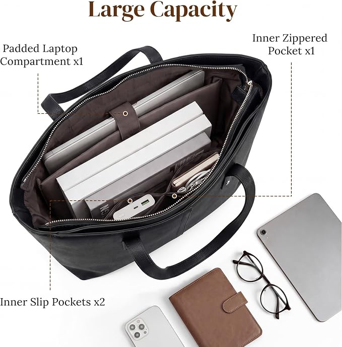 S-ZONE Tote Bag for Women Work Purses Handbags Luggage Strap Large Travel | Padded Laptop Compartment, Multi Pockets, Vegan Leather, Bottom Metal Rivet, Commuting Office Teacher - Image 6
