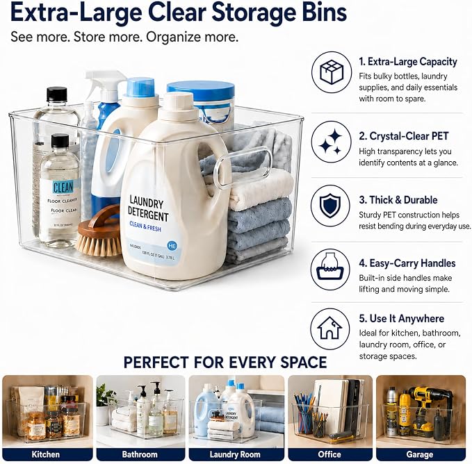 MOONEDGE 6 Pack X-Large Clear Organizer Bins 13x10x8in Storage Containers | Clear Containers for Organizing, Fridge Organizers and Storage, Freezer, Refrigerator, Office Supplies, Craft Room, Laundry - Image 4