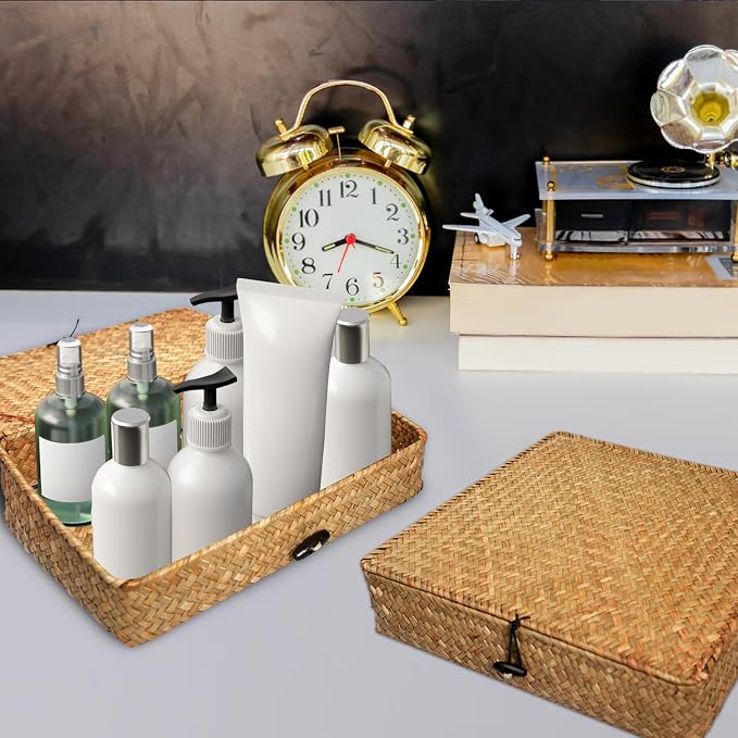 5 Pcs Seagrass Basket with Lid 5 Sizes Decorative Storage Boxes Rattan Wicker Storage Basket with Lids Woven Organizer Baskets Multipurpose Flat Storage Bins for Shelf Closet Bedroom (Brown) - Image 4