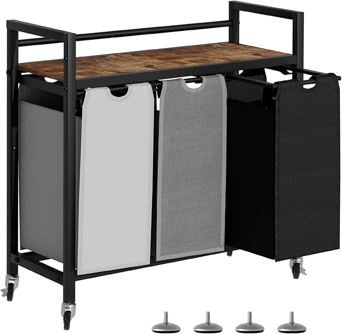 SwaaVee Laundry Sorter, Laundry Hamper 3 Section, 3×11.4Gal, Metal Frame Rolling Laundry Basket with Wooden Top Shelf, Pull out and Removable Laundry Bags, 3 Bags-Black Grey White by SwaaVeeYourBestOrganizingHelper