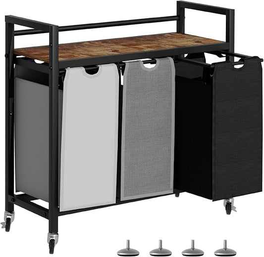 SwaaVee Laundry Sorter, Laundry Hamper 3 Section, 3×11.4Gal, Metal Frame Rolling Laundry Basket with Wooden Top Shelf, Pull out and Removable Laundry Bags, 3 Bags-Black Grey White by SwaaVeeYourBestOrganizingHelper