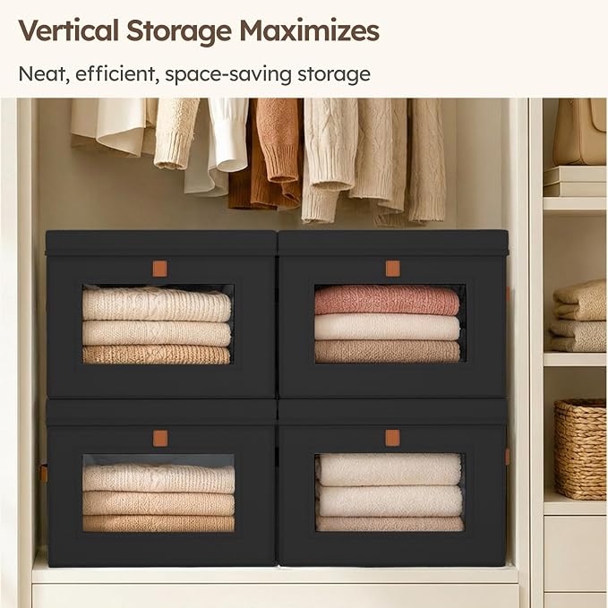 Storage Bins with Lids - Front Opening Storage Box with Clear Window & Handles, Stackable Foldable Fabric Bins for Closet Organization, Clothes, Sweaters, Towels, Blankets, 3 Pack, Black - Image 5