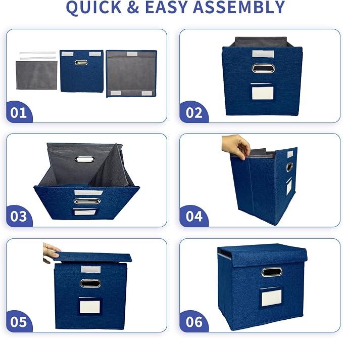 2 Pack Hanging File Folder Box with Lid, Durable Letter Size Filing Storage Box, Sturdy File Holder with Cardboard Support PVC Rails for Office Home Organizer, Blue - Image 6
