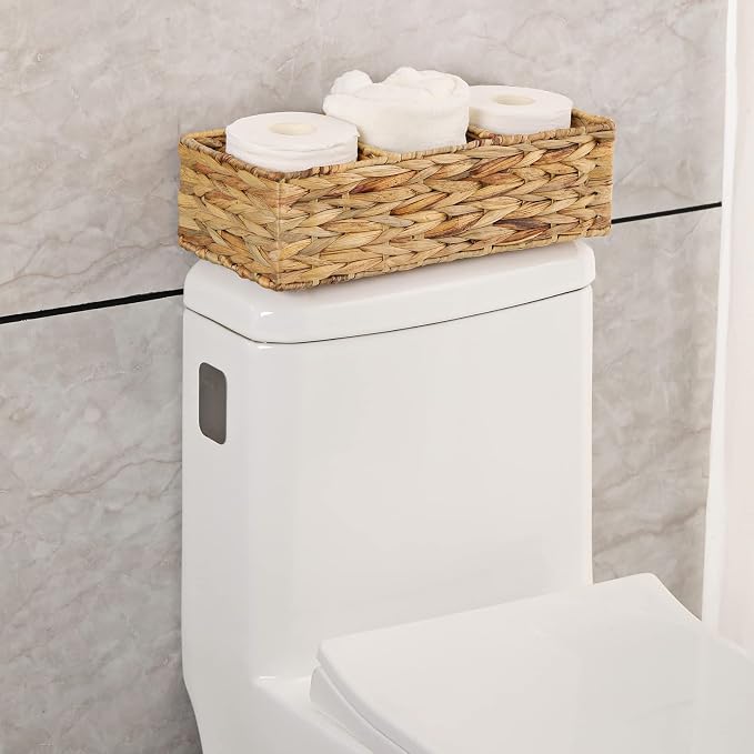3 Section Wicker Storage Basket, Hand-Woven Water Hyacinth Storage Baskets, Wicker Baskets for Storage, Toilet Paper Basket for Toilet Tank Top, Small Baskets for Organizing Shelves, 2-Pack - Image 3