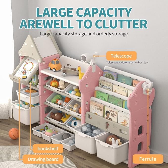 Kids Toy Storage Organizer with Bookshelf, 14-Bin Playroom Organizer and Bookcase, HDPE Toddler Storage Shelf with Drawing Board, for Nursery, Bedroom and Playroom - Image 5