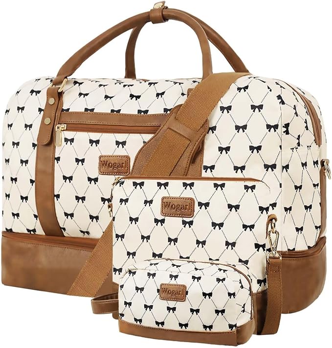 3PCS Weekender Bags for Women Large Overnight Bag, Cream Bow | Weekender Travel Duffel Bags Carry on Shoulder with Shoe Compartment Toiletry Bag Satchel Bag for Travelling Business Gym by Wogarl