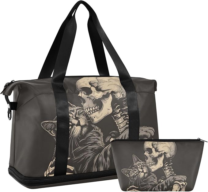 Travel Duffel Tote Bag Cat Snuggled Human Skeletal Skull Sports Duffel Bag with Wet Pocket Weekender Overnight Bag for Women Men Gym Bag, Carry On Bag Hospital Bag for Labor and Delivery - Image 7