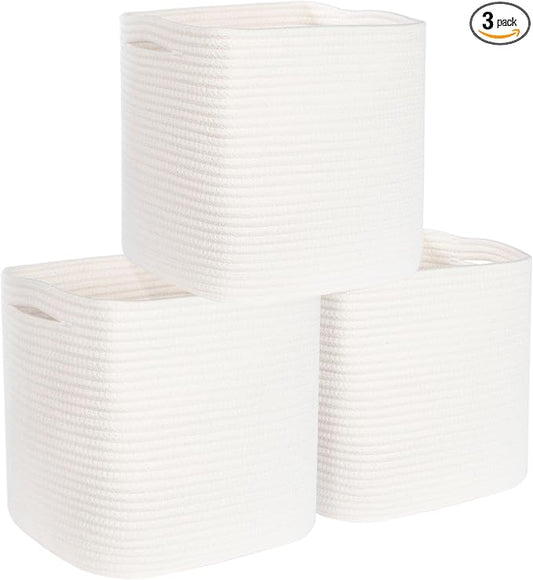3-Pack 11x11in Woven Cube Storage Bin and Shelf Baskets, Cute Decorative Square Organizer for Closet, Classroom, Bathroom, Dog and Cat Toys, and Books, Creamy White by MINTWOODDesign