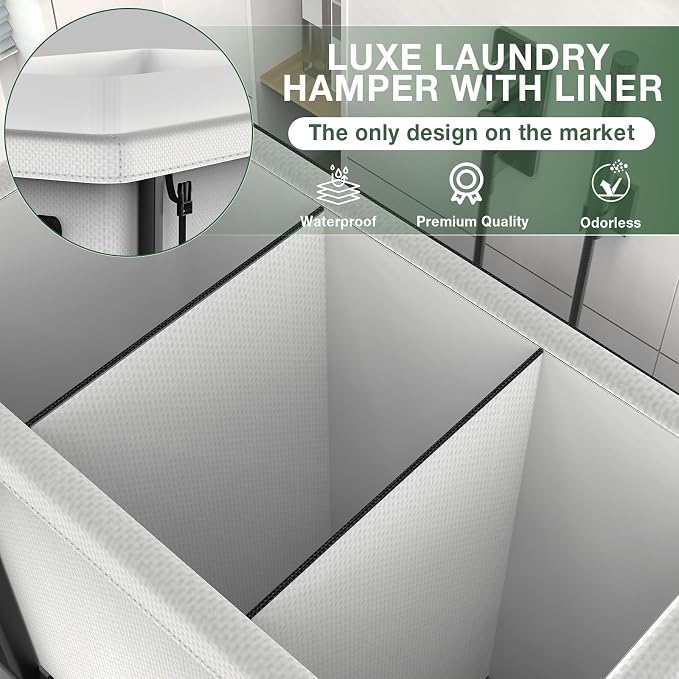 Laundry Basket with Lid, 230L Rolling Laundry Hamper with Wheels,White | Dirty Clothes Hamper with Metal Frame and Removable Bag Design, Suitable for Laundry Room, Bedroom(3 Section) - Image 3