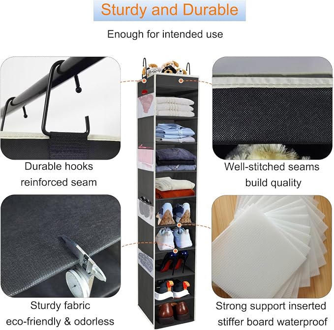 Large-Sized Hanging Shoe Organizer 10-Shelf, Sturdy Hanging Closet Organizer with 8 Side Pockets, Wider Hanging Shelves for Storage Shoes Clothes Jeans Shirts Toys, Black - Image 4