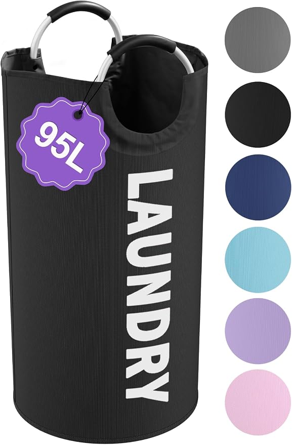 95L Large Laundry Hamper for Adult, Foldable Black Laundry Basket with Soft Handles, Freestanding Dirty Clothes Hampers, Portable Laundry Bin for Flat, Bathroom, Black by IHOMAGIC