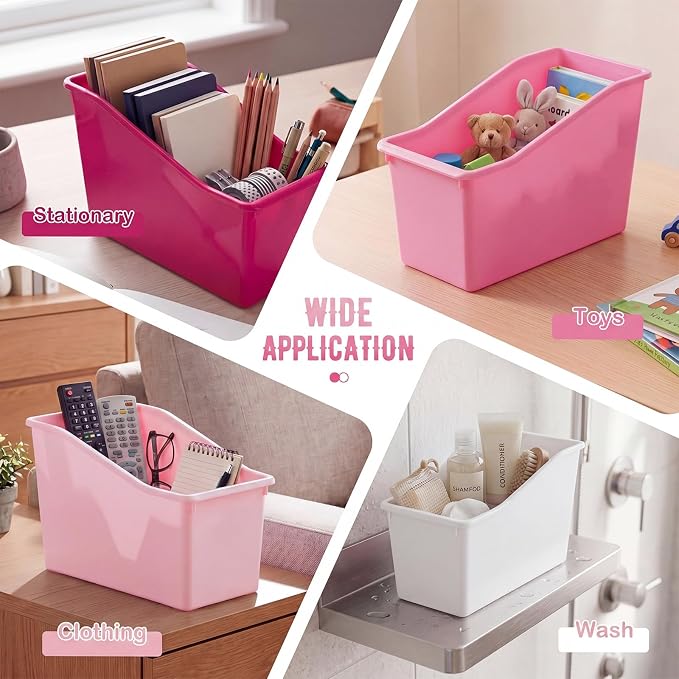 Geetery 12 Pcs Book Bin for Classroom with Labels Stackable Plastic Organizing Bins 11.5 x 5.4 x 7.5 in Book Holders Storage Bins Box Baskets for Classroom Library Home (Pink Color Series) - Image 5