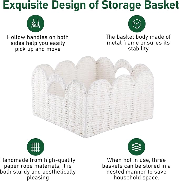 OIAHOMY Scalloped Wicker Baskets, Hand-woven Storage Baskets with Built-in Handles, Paper Rope Shelf Baskets for Organizing and Decoration, Set of 3-White - Image 5