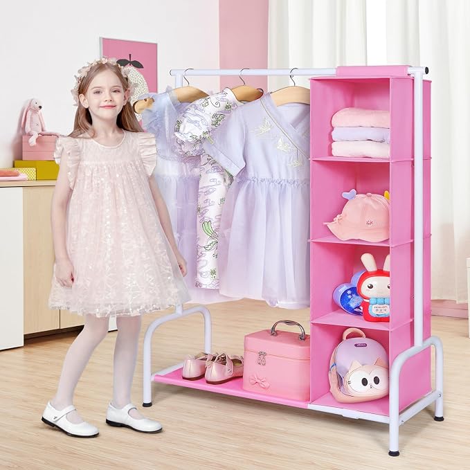 Univivi Kids Clothing Rack with Hanging Organizer, 43 Inch, Pink and White | Toddler Dress Up Storage with Bottom Shelf, Sturdy Metal Baby Closet, Toddler Wardrobe Rack for Nursery, Playroom, Bedroom - Image 2