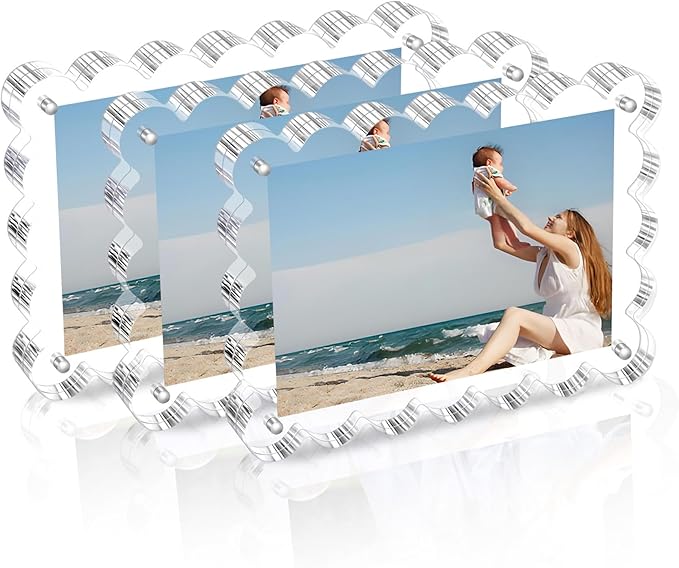 Chivalral 3 Pack 4x6 Acrylic Picture Frame, Double-Sided Tabletop Display | Scalloped Edge Design,10+10mmThick,Magnetic Photo Frames,Horizontal/Vertical,Gift for Birthday Wedding Anniversary,Home decor by Chivalral