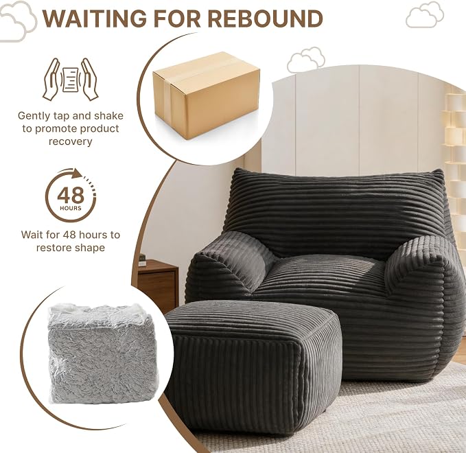 Oversized Bean Bag Chair with Ottoman, Bean Bag Couch with 2 Side Pockets, Corduroy Boneless Couch Chair in a Box, Comfy Lounge Chair for Living Room, Bedroom, Dorm, Gray - Image 8