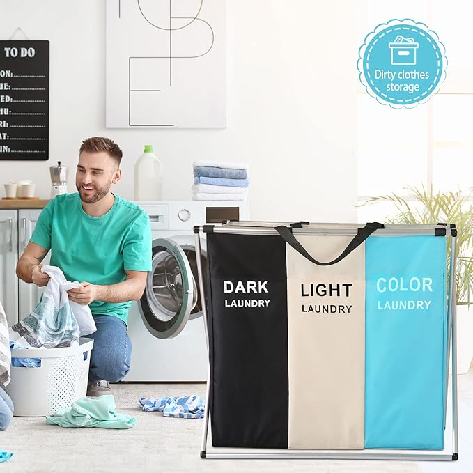 Laundry Cloth Hamper Sorter Basket Bin Foldable 3 Sections with Aluminum Frame 26InIn×24InInH Washing Storage Dirty Clothes Bag (3 Liner, Black + white + sky blue) - Image 5