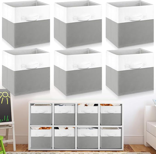 Yinder 6 Pcs Cube Storage Bin White Gray 10.5''x10.5''x11'' Storage Bins for Playroom Decor Colorful Bins for Kids Foldable Baskets for Nursery Organizer Boxes Fabric Boxes by Yinder