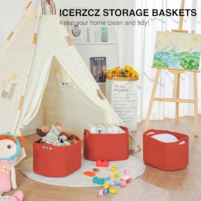 ICERZCZ Storage Baskets for Organizing, Storage Basket for Shelves, Toy Towel Basket for Bathroom Nursery, Woven Cotton Rope Baskets for Decor, 15"x11"x9.5", 3 Packs, Brick Red - Image 6